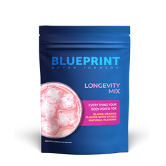 Blue package of Blueprint Longevity Mix with pink flavor description on a white background