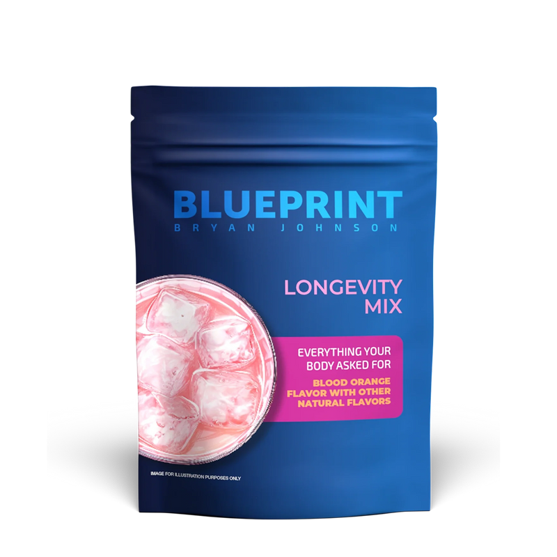 Blue package of Blueprint Longevity Mix with pink flavor description on a white background