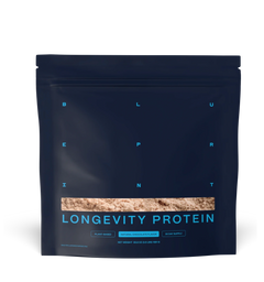 Black package of Longevity Protein with a white background