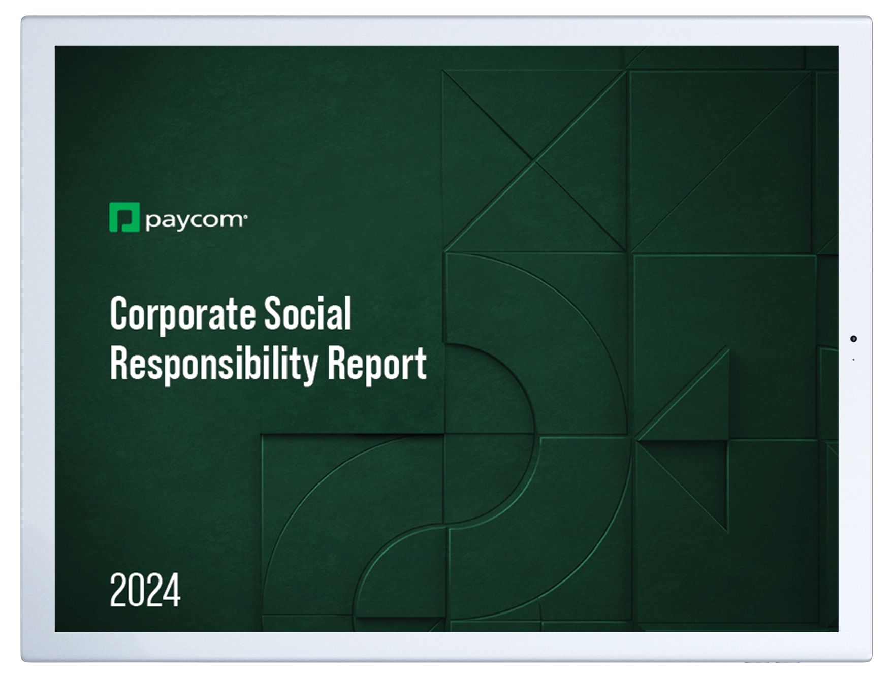 Corporate Social Responsibility 2025 Report displayed on a tablet device