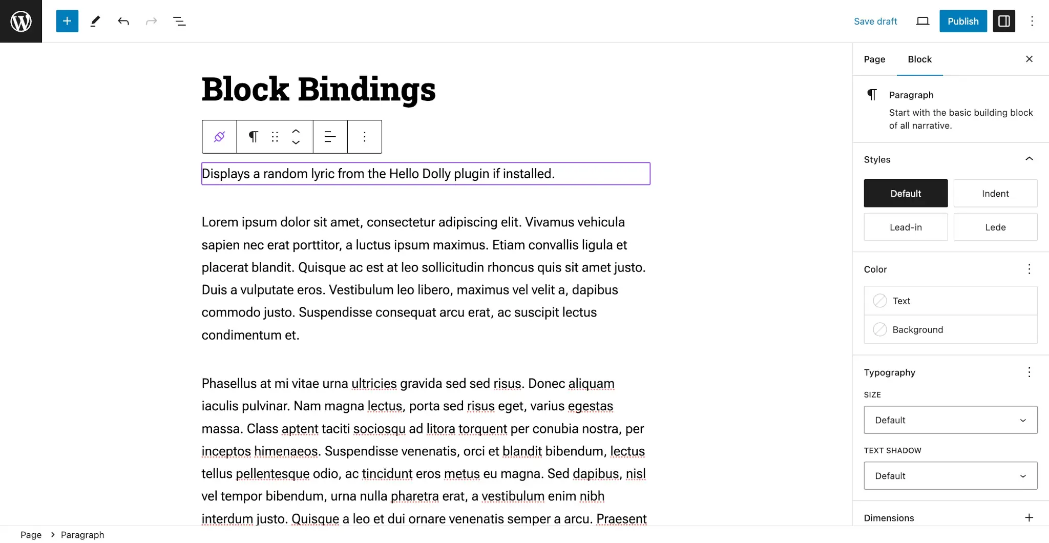 WordPress editor with demo text in the content area. At the top is a Paragraph block with a highlighted purple outline that tells the user it will display a random lyric from the Hello Dolly plugin.