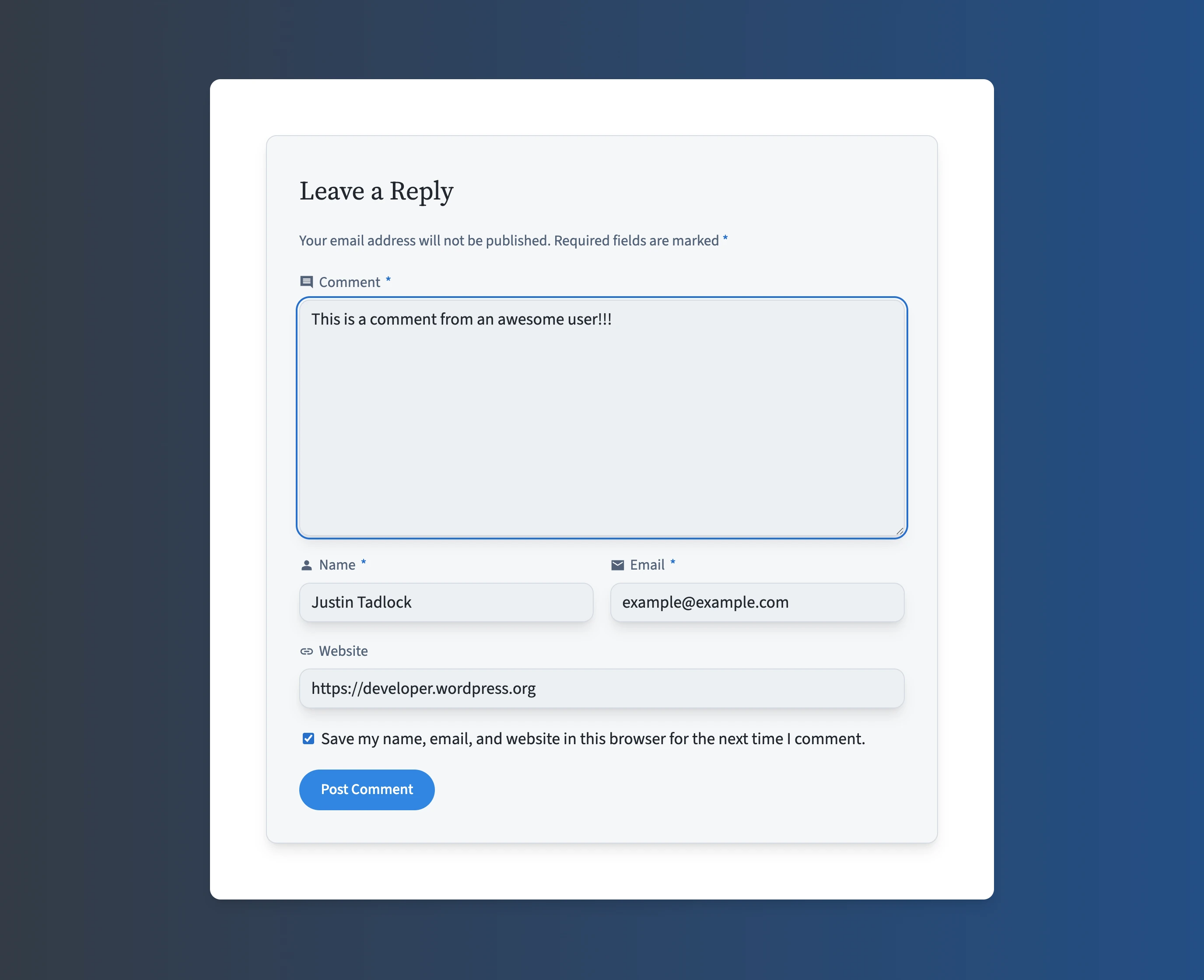 WordPress post comment form with the fields filled out with a comment and user information. The textarea is focused and has a blue outline.