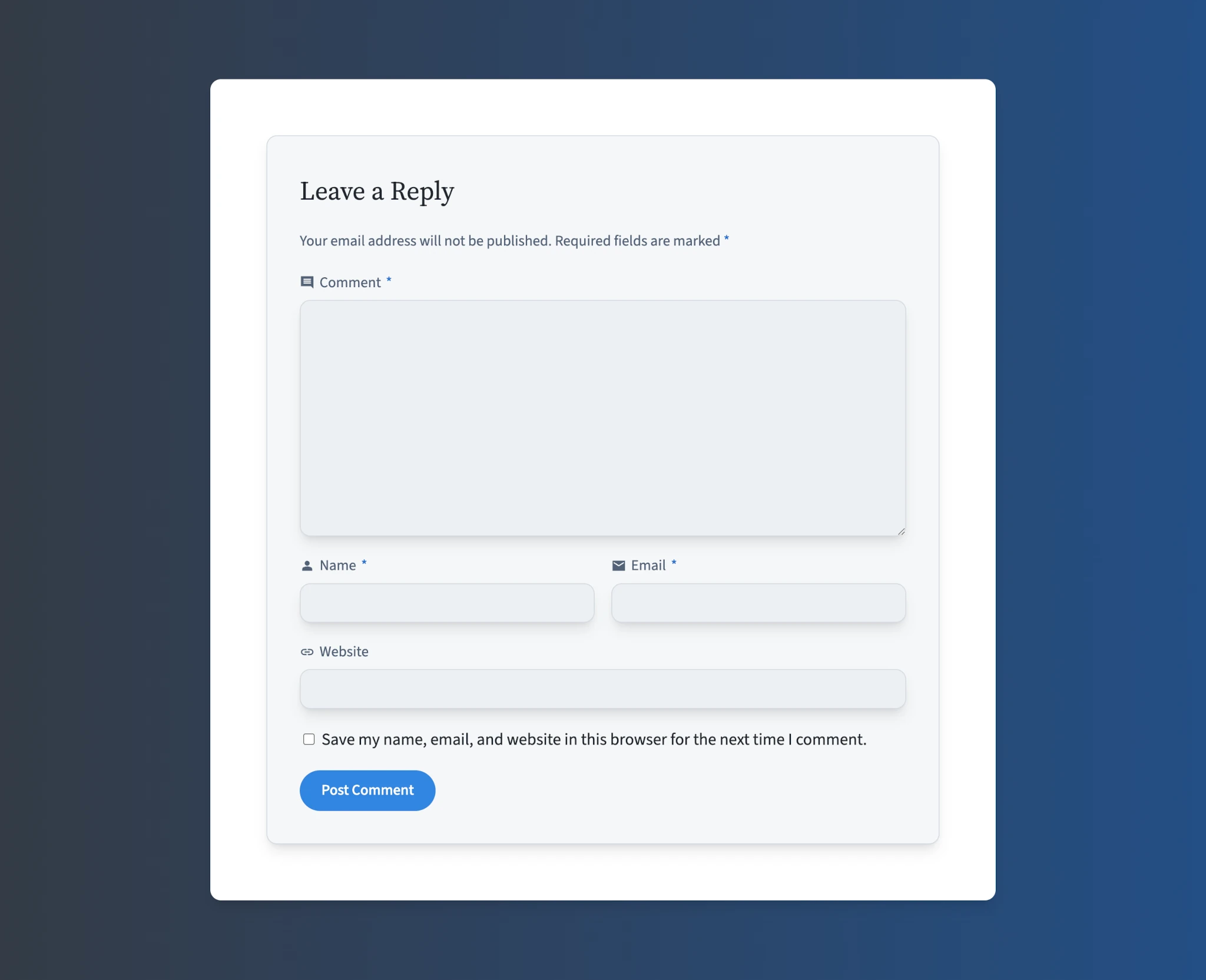 WordPress comments form, showing the comment textarea and several input fields.