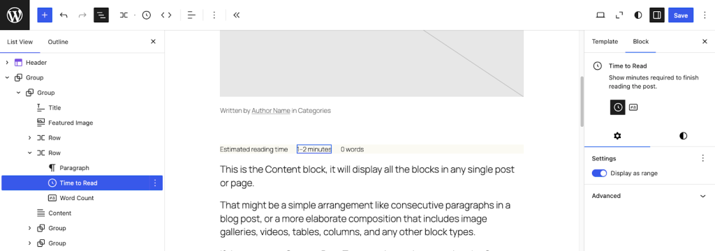 Screenshot of new Time to Read block