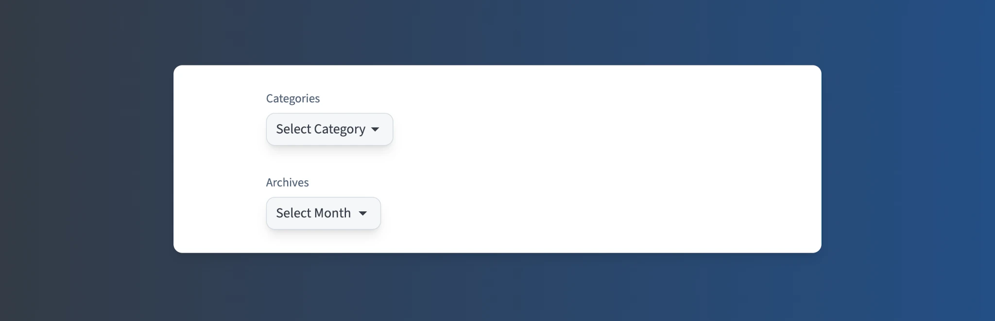Screenshot of the Categories List and Archives blocks in WordPress, with both blocks showing a select dropdown.