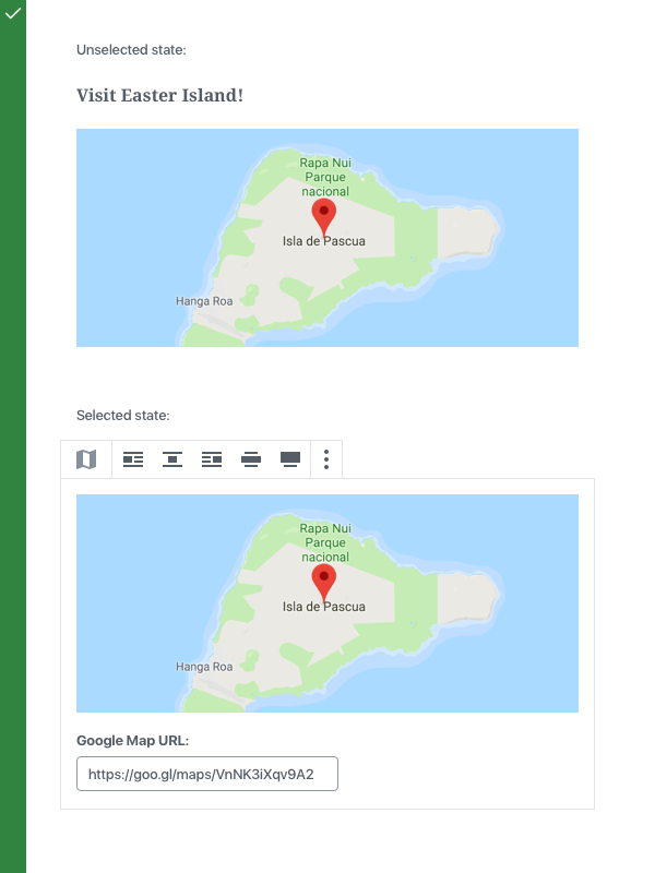 A Google Maps block with inline, always-accessible controls required for the block to function