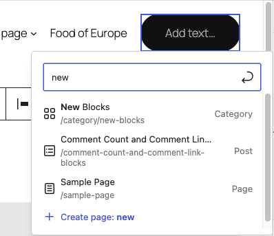 Navigation button with create page feature. 